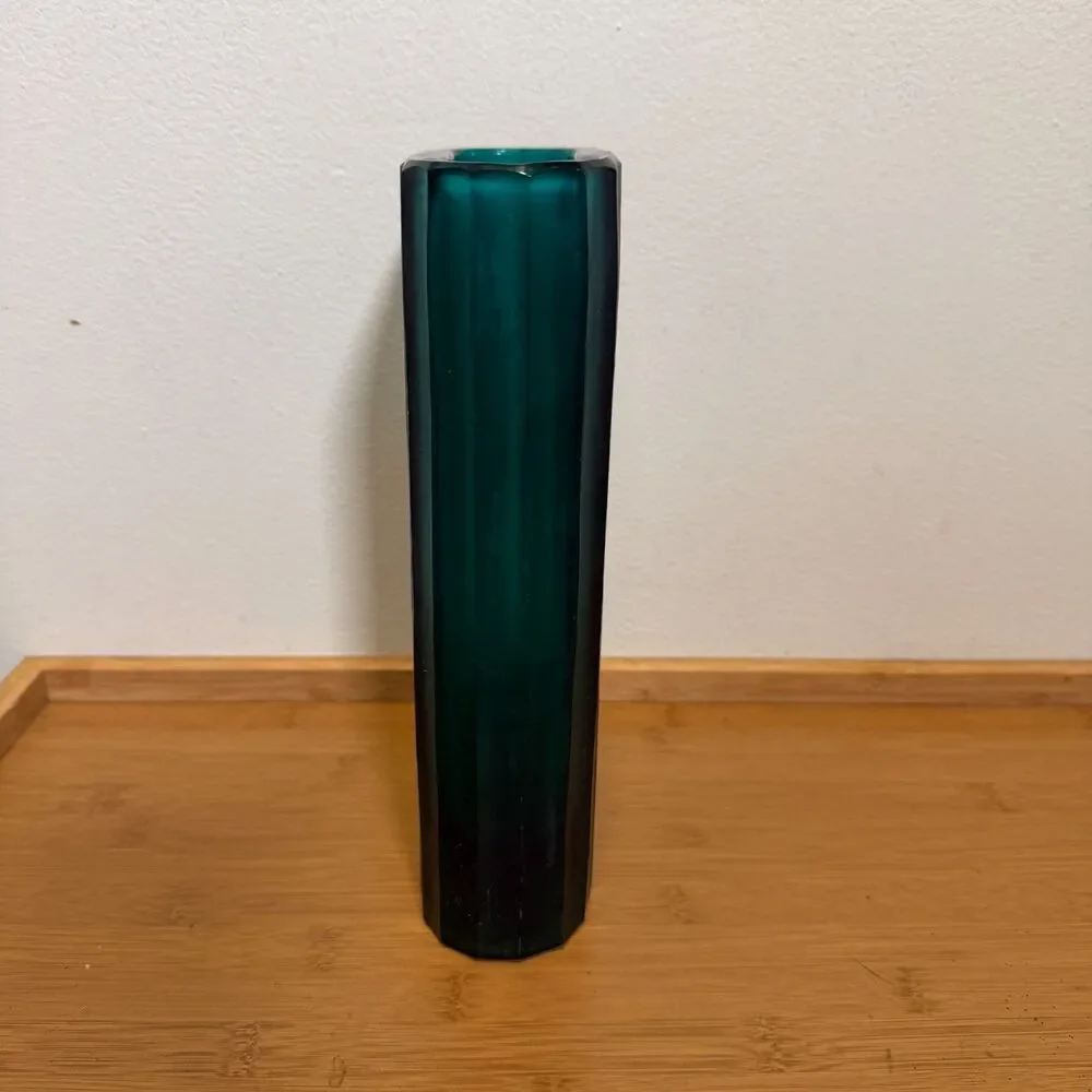 Vintage Emerald Green Art Glass Vase Faceted Ribbed MCM Scandinavian Style